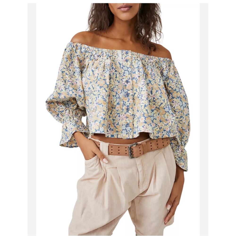 NWT Free People Floral Puff Sleeve Crop Top Size M Light Blue MSRP $128